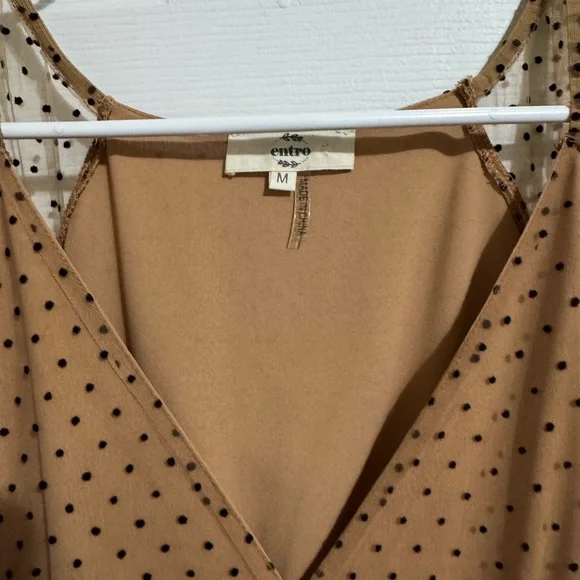 Entro Tan Polka Dot Long Sleeve Dress with Sheer Sleeves - Picture 2 of 5